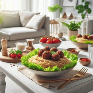 Espagueti con albóndigas y lechuga.